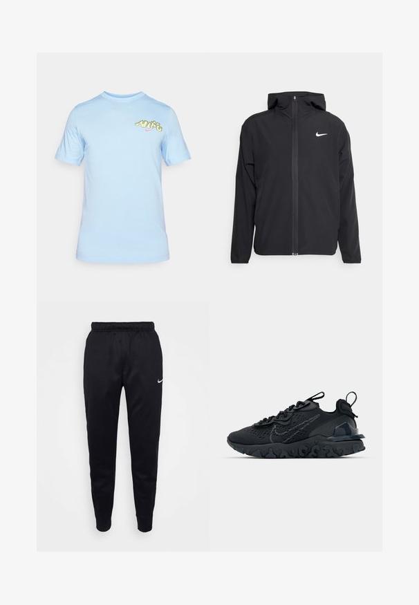 Svart Nike-jakke med hette, full frontglidelås og en subtil hvit logo på venstre bryst. Glatt tekstur og lett design.; Nike Golf TEE GOLF  - T-shirts med print - psychic blue; Svart Nike joggebukser med elastisk midjebånd, smale ben og diskret logo. Laget av glatt stoff med et enkelt design.; Svart treningssko med et pustende nettobert overdel, teksturerte detaljer og en bølget gummisåle. Har reflekterende logo og snøresystem.