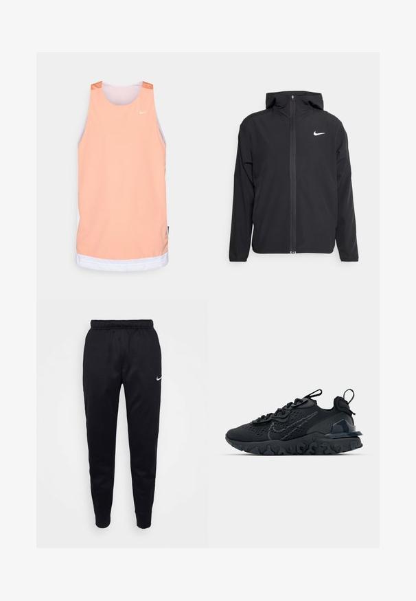 Juodas Nike džemperis su gobtuvu, pilnu priekinio užtrauktuko uždarymu ir subtilia balta logo ant kairiojo krūtinės. Lygus paviršius ir lengvas dizainas.; Beigės be rankovių tamprios medžiagos marškinėliai su baltais akcentais, suapvalintu kaklu ir Nike logotipu kairiajame viršutiniame kampe.; Juodi Nike džinsai su elastinga juosmena, siaurėjančiomis kojomis ir subtiliu logotipo akcentu. Pagaminti iš lygaus audinio su paprastu dizainu.; Juoda sportinė avalynė su kvėpuojančiu tinkliniu viršumi, tekstūruotais akcentais ir banguota guma padais. Yra atspindintis logotipas ir raištelių sistema.