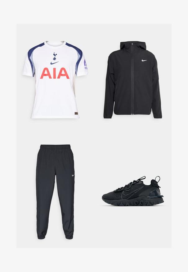 Veste Nike noire avec capuche, fermeture éclair sur toute la longueur à l'avant et un logo blanc discret sur la poitrine gauche. Texture lisse et design léger.; Maillot de football blanc avec des accents bleu marine, portant "AIA" en grandes lettres rouges, un logo de club sur la poitrine et la marque Nike.; Pantalon de jogging noir en tissu léger avec une ceinture élastique, des poignets aux chevilles et un logo Nike discret sur le côté gauche.; Chaussure de sport noire avec une tige en mesh respirant, des accents texturés et une semelle en caoutchouc ondulée. Comprend un logo réfléchissant et un système de laçage.
