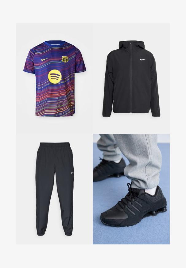 Casaco Nike preto com capuz, fecho frontal completo e um logótipo branco discreto no lado esquerdo do peito. Textura suave e design leve.; Camisa de futebol de Barcelona em azul com padrões ondulados em vermelho e amarelo. Apresenta o logótipo da Nike e um logótipo amarelo do Spotify na parte da frente.; Calças de treino pretas feitas de um tecido leve, com um cós elástico, punhos nos tornozelos e um discreto logótipo da Nike no lado esquerdo.; Pessoa vestindo tênis Nike Shox pretos e calças de moletom cinzas, de pé em um tapete azul claro.
