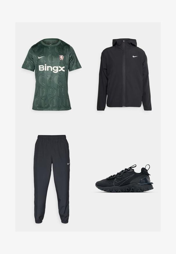Svart Nike-jacka med huva, fullständig dragkedja fram och en subtil vit logotyp på vänster bröst. Slät textur och lättvikt design.; Grön Nike-tröja med en texturerad mönstring och stora bokstäver. Vit "Bingx"-logotyp centralt placerad, med ett rött klubbmärke till vänster.; Svarta träningbyxor i lätt tyg med elastisk midja, vristmanchetter och en diskret Nike-logotyp på vänster sida.; Svart idrottssko med ett andningsbart meshöverdrag, texturerade accenter och en vågig gummisula. Utrustad med reflekterande logotyp och snörsystem.