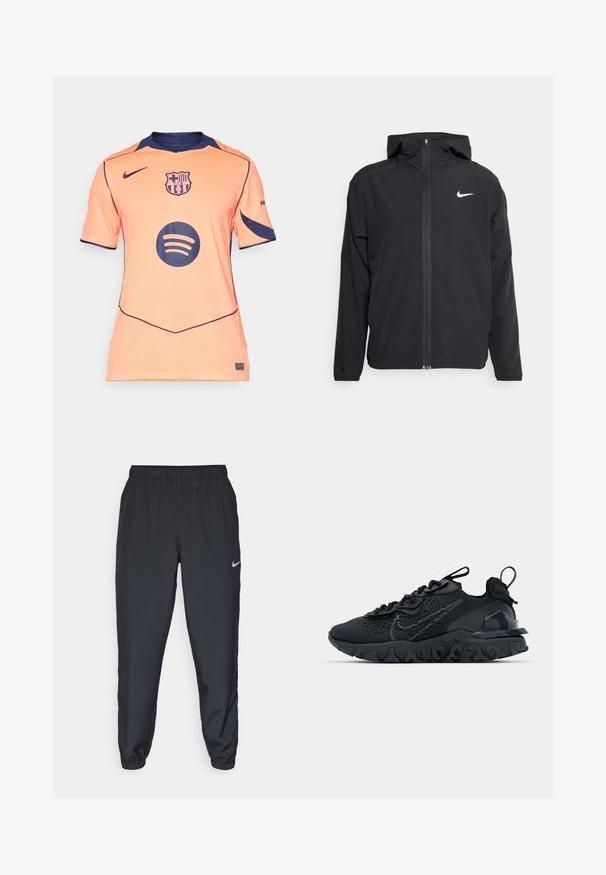 Černá bunda Nike s kapucí, plným předním zipem a decentním bílým logem na levé hrudi. Hladká textura a lehký design.; Oranžové tričko s krátkým rukávem, zdobené námořnickými akcenty, logem Barcelony a velkým černým kulatým logem Spotify na přední straně. Texturovaná tkanina.; Černé tepláky vyrobené z lehkého materiálu s elastickým pasem, manžetami na kotnících a diskrétním logem Nike na levé straně.; Černá sportovní bota s prodyšným síťovaným svrškem, texturovanými akcenty a vlnkovou gumovou podrážkou. Obsahuje reflexní logo a systém šněrování.