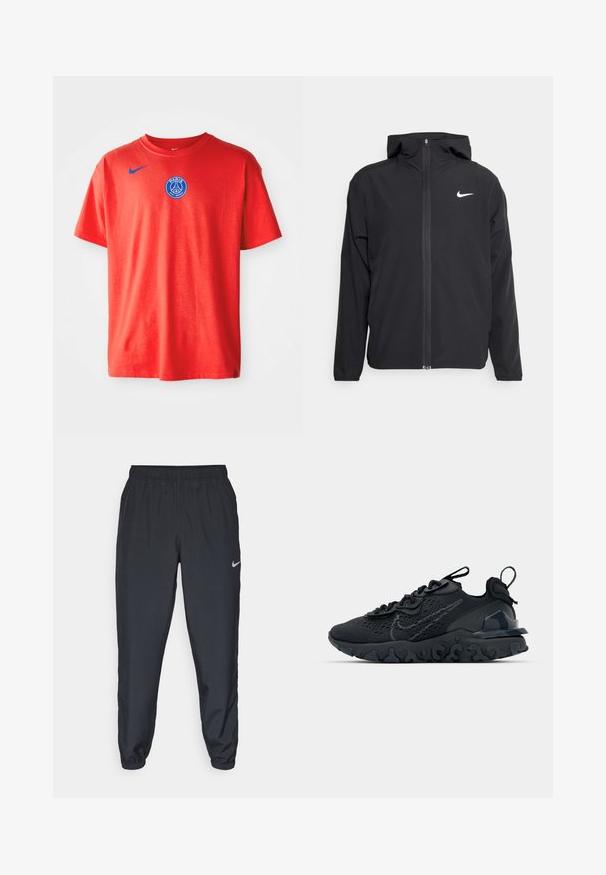 Sort Nike-jakke med hætte, fuld frontlynlås og et diskret hvidt logo på venstre bryst. Glat tekstur og letvægtsdesign.; Rød bomulds t-shirt med et blåt Nike-logo på venstre skulder og et blåt Paris Saint-Germain mærke på midten af brystet. Korte ærmer.; Sorte træningsbukser lavet af letvægtsstof med elastisk talje, ankelsyninger og et diskret Nike-logo på venstre side.; Sort atletisk sko med en åndbar mesh-overdel, teksturerede detaljer og en bølget gummisål. Har reflekterende logo og snørresystem.