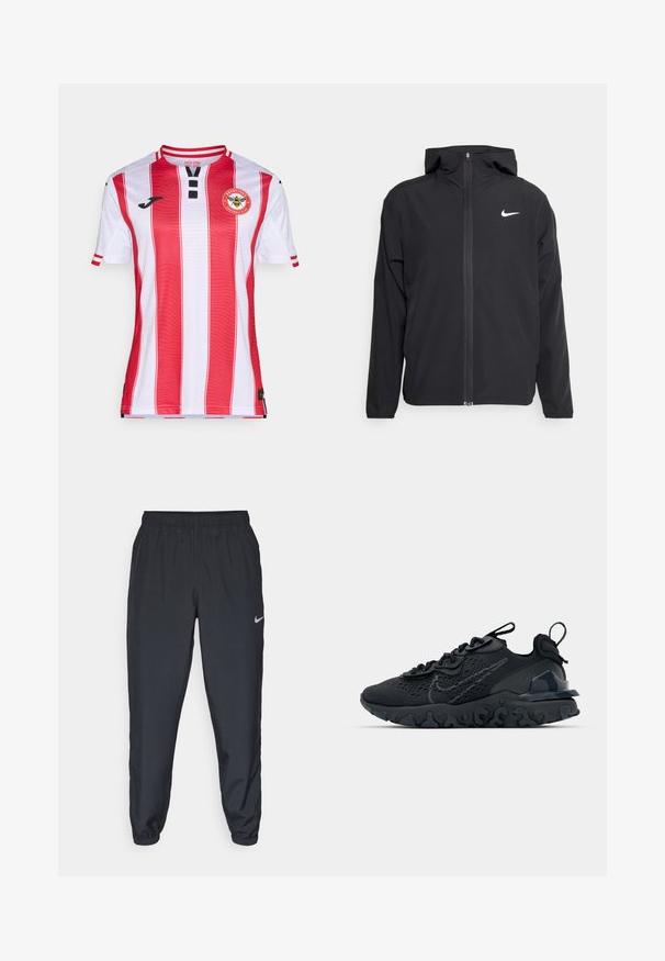 Casaco Nike preto com capuz, fecho frontal completo e um logótipo branco discreto no lado esquerdo do peito. Textura suave e design leve.; Camisa de futebol às riscas vermelhas e brancas com colarinho redondo, botões pretos e um emblema circular da equipa no lado esquerdo do peito. Tecido texturizado.; Calças de treino pretas feitas de um tecido leve, com um cós elástico, punhos nos tornozelos e um discreto logótipo da Nike no lado esquerdo.; Sapatilha atlética preta com parte superior de malha respirável, detalhes texturizados e sola de borracha ondulada. Apresenta um logotipo reflexivo e um sistema de atilho.