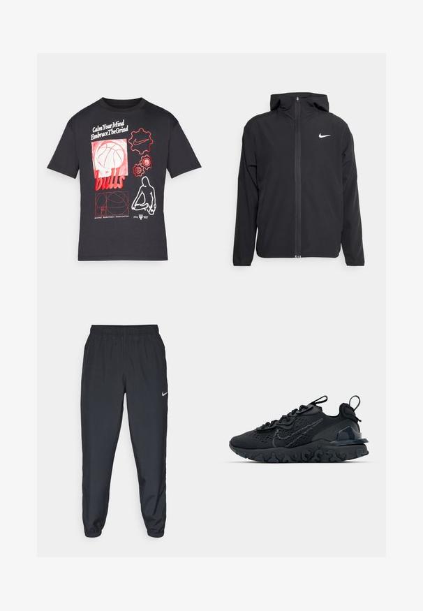 Čierna bunda Nike so kapucňou, plným predným zipsom a diskrétnym bielym logom na ľavom prsníku. Hladká textúra a ľahká konštrukcia.; Čierne bavlnené tričko s krátkymi rukávmi a okrúhlym výstrihom, zdobené červenými a bielymi grafikami, vrátane basketbalovej lopty, textu a loga.; Čierne teplákové nohavice vyrobené z ľahkého materiálu s elastickým pásom, manžetami na členkoch a diskrétnym logom Nike na ľavej strane.; Čierna atletická topánka s priedušným sieťovaným zvrškom, textúrovanými akcentmi a vlnovou gumovou podrážkou. Obsahuje reflexné logo a systém šnurovania.