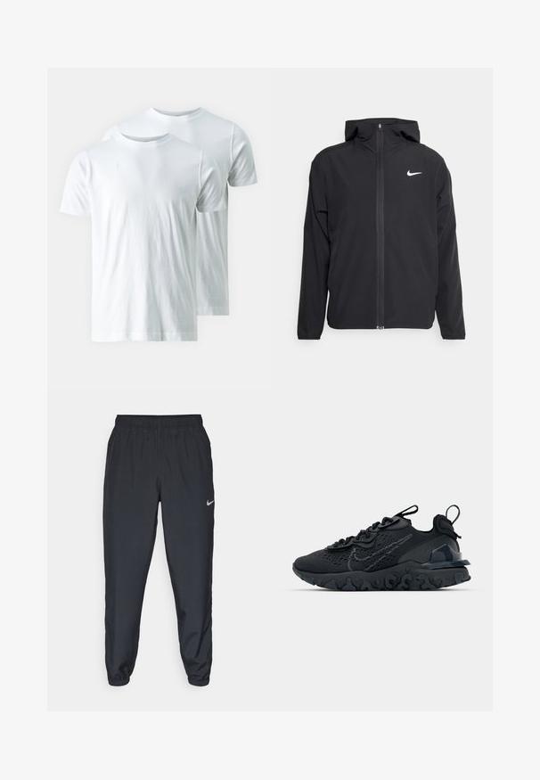 Svart Nike-jakke med hette, full frontglidelås og en subtil hvit logo på venstre bryst. Glatt tekstur og lett design.; Hvite bomulls t-skjorter med korte ermer, rund hals design, glatt tekstur, og ingen synlige mønstre. Solgt i par.; Svarte joggebukser laget av lett stoff med elastisk midje, ankelmanchetter og en diskret Nike-logo på venstre side.; Svart treningssko med et pustende nettobert overdel, teksturerte detaljer og en bølget gummisåle. Har reflekterende logo og snøresystem.