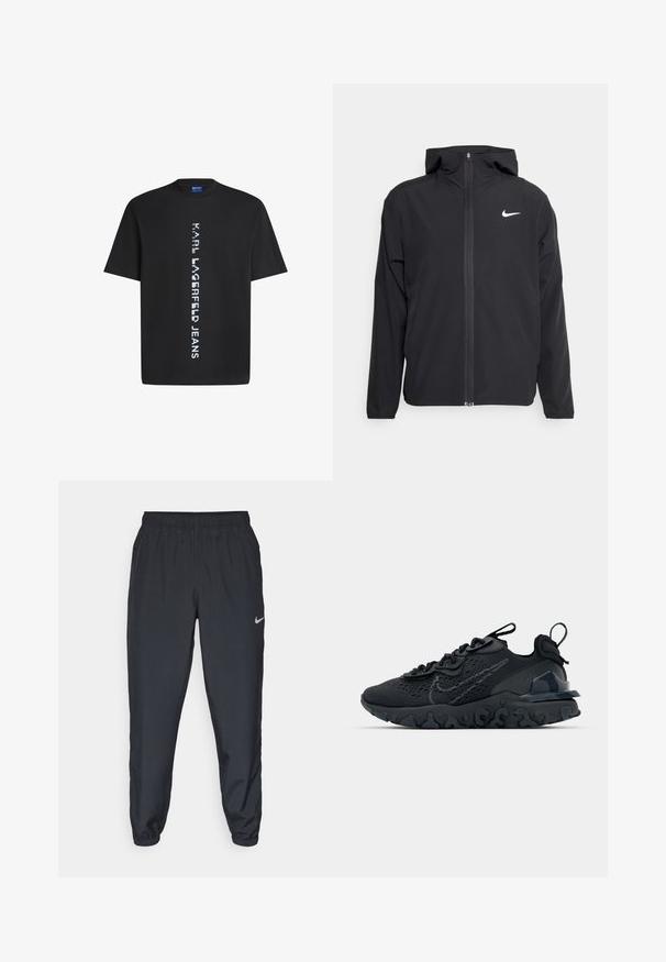 Melna Nike jakna ar kapuci, pilnu priekšējo rāvējslēdzēju un smalku baltu logotipu kreisajā krūtī. Gluda tekstūra un viegla konstrukcija.; Melna kokvilnas T-kreklu ar vertikālu baltu tekstu "KARL LAGERFELD JEANS." Klasisks apaļais kakls un īsās piedurknes. Gluda tekstūra.; Melnas sporta bikses, izgatavotas no viegla auduma, ar elastīgu jostasvietu, potīšu malām un diskretu Nike logo kreisajā pusē.; Melnas sporta kurpes ar elpojošu sieta augšdaļu, teksturētām akcentiem un viļņotu gumijas zoli. Iekļauj atstarojošu logotipu un šņorēšanas sistēmu.