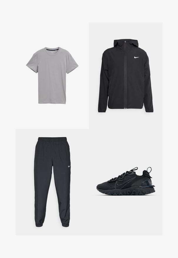 Giacca Nike nera con cappuccio, chiusura frontale con zip e un logo bianco discreto sul lato sinistro del petto. Texture liscia e design leggero.; T-shirt grigio a maniche corte realizzato in tessuto morbido, con scollo rotondo classico e orlo diritto, privo di motivi o decorazioni.; Pantaloni da jogging neri realizzati in tessuto leggero con cintura elastica, polsini alla caviglia e un logo Nike discreto sul lato sinistro.; Scarpa sportiva nera con tomaia in mesh traspirante, dettagli testurizzati e suola in gomma ondulata. Presenta un logo riflettente e un sistema di allacciatura.