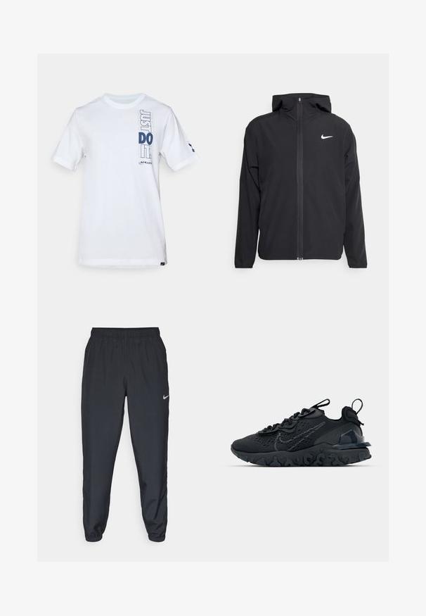 Černá bunda Nike s kapucí, plným předním zipem a decentním bílým logem na levé hrudi. Hladká textura a lehký design.; Bílá bavlněná tričko s grafickým potiskem "JUST DO IT" v námořnické modři, krátké rukávy a kulatý výstřih. Logo značky na rukávu.; Černé tepláky vyrobené z lehkého materiálu s elastickým pasem, manžetami na kotnících a diskrétním logem Nike na levé straně.; Černá sportovní bota s prodyšným síťovaným svrškem, texturovanými akcenty a vlnkovou gumovou podrážkou. Obsahuje reflexní logo a systém šněrování.