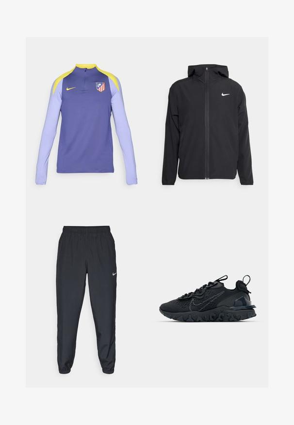 Čierna bunda Nike so kapucňou, plným predným zipsom a diskrétnym bielym logom na ľavom prsníku. Hladká textúra a ľahká konštrukcia.; Fialová športová tričko s dlhým rukávom a žltými akcentmi, polo-zips golier, a tímovým logom na ľavej hrudi. Vyrobené z hladkého materiálu.; Čierne teplákové nohavice vyrobené z ľahkého materiálu s elastickým pásom, manžetami na členkoch a diskrétnym logom Nike na ľavej strane.; Čierna atletická topánka s priedušným sieťovaným zvrškom, textúrovanými akcentmi a vlnovou gumovou podrážkou. Obsahuje reflexné logo a systém šnurovania.