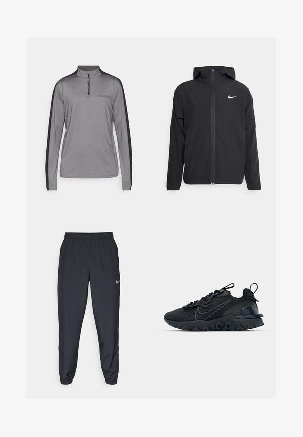 Schwarze Nike-Jacke mit Kapuze, vollem Reißverschluss vorne und einem dezenten weißen Logo auf der linken Brust. Glatte Textur und leichtes Design.; Grauer langärmeliger Sportoberteil mit halbseitigem Reißverschluss-Kragen, schwarzen Akzenten an den Seiten und "HUMMEL"-Logo auf der Brust. Glattes, leichtes Material.; Schwarze Trainingshose aus einem leichten Stoff mit elastischem Bund, Knöchelabschlüssen und einem dezenten Nike-Logo auf der linken Seite.; Schwarzer Sportschuh mit atmungsaktivem Mesh-Obermaterial, strukturierten Akzenten und einer wellenförmigen Gummisohle. Verfügt über ein reflektierendes Logo und ein Schnürsystem.