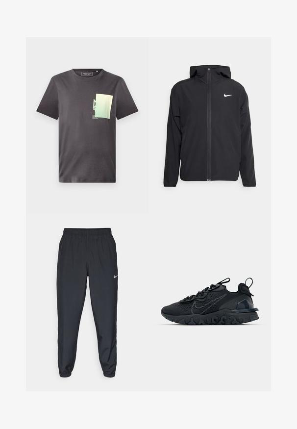 Svart Nike-jakke med hette, full frontglidelås og en subtil hvit logo på venstre bryst. Glatt tekstur og lett design.; Grå bomull t-skjorte med rund hals, med et minimalistisk grønt og blått grafisk trykk på venstre brystområde. Korte ermer.; Svarte joggebukser laget av lett stoff med elastisk midje, ankelmanchetter og en diskret Nike-logo på venstre side.; Svart treningssko med et pustende nettobert overdel, teksturerte detaljer og en bølget gummisåle. Har reflekterende logo og snøresystem.