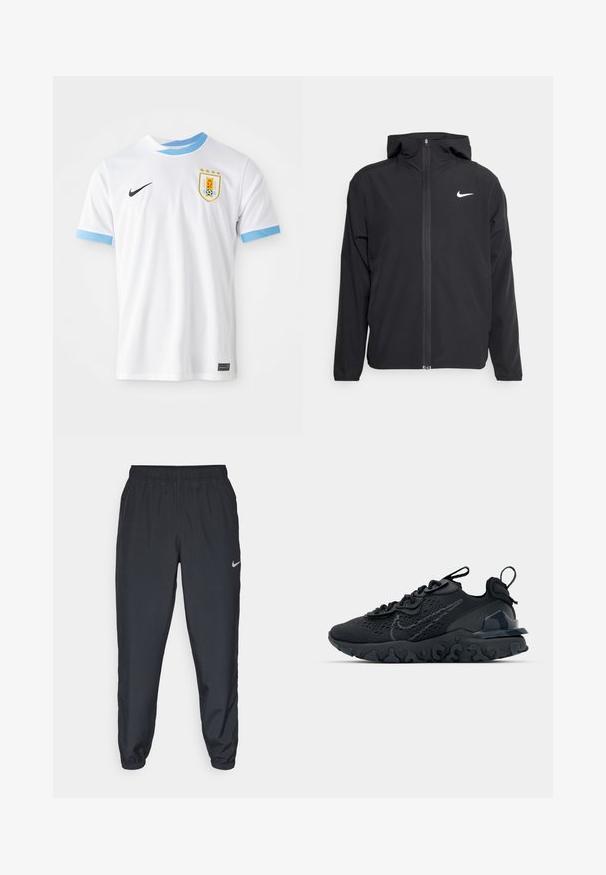 Chaqueta negra de Nike con capucha, cremallera frontal completa y un sutil logo blanco en el lado izquierdo del pecho. Textura suave y diseño ligero.; Camiseta de fútbol blanca de Nike con acentos en azul claro en el cuello y las mangas. Presenta un emblema con un escudo y tres estrellas encima.; Pantalones deportivos negros hechos de tela ligera con una cinturilla elástica, puños en los tobillos y un discreto logo de Nike en el lado izquierdo.; Zapato deportivo negro con una parte superior de malla transpirable, acentos texturizados y una suela de goma ondulada. Presenta un logotipo reflectante y un sistema de cordones.