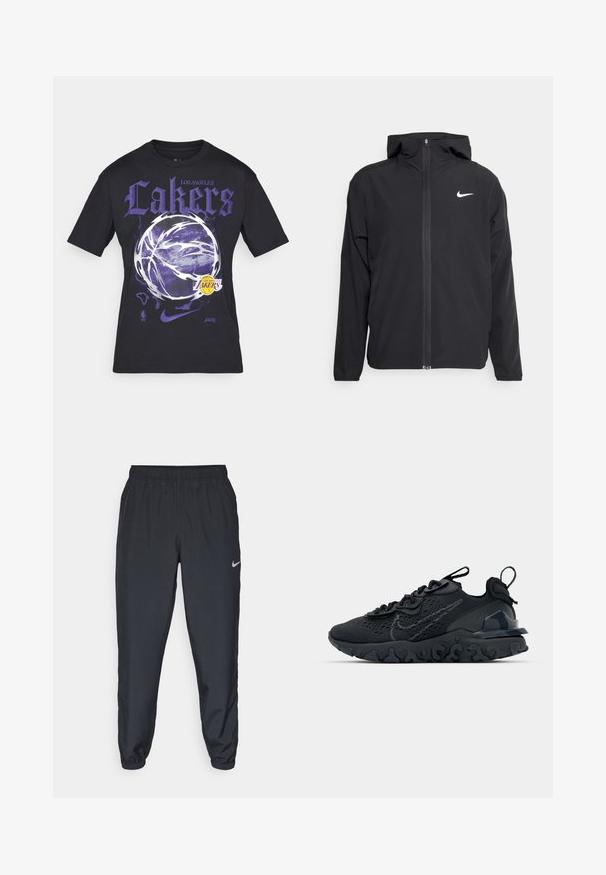 Černá bunda Nike s kapucí, plným předním zipem a decentním bílým logem na levé hrudi. Hladká textura a lehký design.; Černé bavlněné tričko s velkým fialovým nápisem "Lakers", grafikou basketbalového míče a logy NBA/Nike. Krátké rukávy, standardní střih.; Černé tepláky vyrobené z lehkého materiálu s elastickým pasem, manžetami na kotnících a diskrétním logem Nike na levé straně.; Černá sportovní bota s prodyšným síťovaným svrškem, texturovanými akcenty a vlnkovou gumovou podrážkou. Obsahuje reflexní logo a systém šněrování.