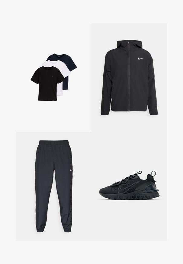 Svart Nike-jakke med hette, full frontglidelås og en subtil hvit logo på venstre bryst. Glatt tekstur og lett design.; Sett med tre kortermede t-skjorter i svart, hvit og mørkeblå. Laget av bomull, med rund hals og en liten logo på brystet.; Svarte joggebukser laget av lett stoff med elastisk midje, ankelmanchetter og en diskret Nike-logo på venstre side.; Svart treningssko med et pustende nettobert overdel, teksturerte detaljer og en bølget gummisåle. Har reflekterende logo og snøresystem.