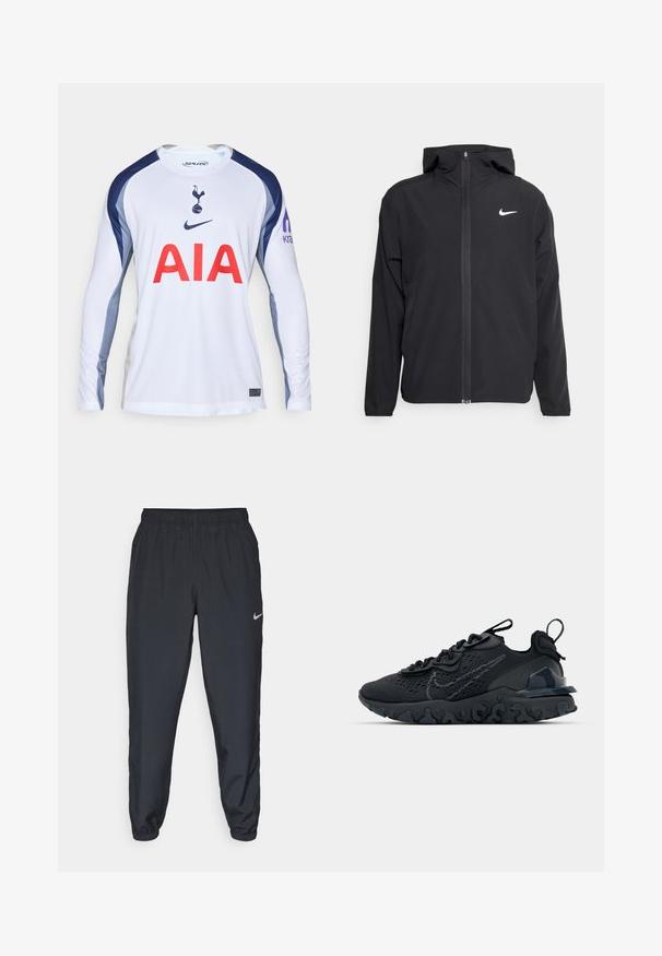 Schwarze Nike-Jacke mit Kapuze, vollem Reißverschluss vorne und einem dezenten weißen Logo auf der linken Brust. Glatte Textur und leichtes Design.; Weißes Fußballtrikot mit langen Ärmeln und navyblauen Akzenten, versehen mit dem Logo von Tottenham Hotspur und "AIA" in Rot auf der Vorderseite.; Schwarze Trainingshose aus einem leichten Stoff mit elastischem Bund, Knöchelabschlüssen und einem dezenten Nike-Logo auf der linken Seite.; Schwarzer Sportschuh mit atmungsaktivem Mesh-Obermaterial, strukturierten Akzenten und einer wellenförmigen Gummisohle. Verfügt über ein reflektierendes Logo und ein Schnürsystem.