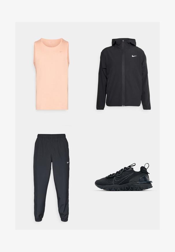 Čierna bunda Nike so kapucňou, plným predným zipsom a diskrétnym bielym logom na ľavom prsníku. Hladká textúra a ľahká konštrukcia.; Svetlomandľová bezrukávová tričko vyrobené z jemnej látky; má okrúhly výstrih a malé logo na hornej ľavej časti hrudníka.; Čierne teplákové nohavice vyrobené z ľahkého materiálu s elastickým pásom, manžetami na členkoch a diskrétnym logom Nike na ľavej strane.; Čierna atletická topánka s priedušným sieťovaným zvrškom, textúrovanými akcentmi a vlnovou gumovou podrážkou. Obsahuje reflexné logo a systém šnurovania.
