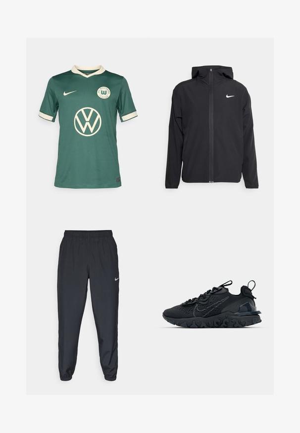 Casaco Nike preto com capuz, fecho frontal completo e um logótipo branco discreto no lado esquerdo do peito. Textura suave e design leve.; Camisa desportiva verde feita de tecido respirável, com um colarinho e acabamentos nas mangas em branco. Apresenta um logótipo proeminente da Volkswagen e o emblema do clube.; Calças de treino pretas feitas de um tecido leve, com um cós elástico, punhos nos tornozelos e um discreto logótipo da Nike no lado esquerdo.; Sapatilha atlética preta com parte superior de malha respirável, detalhes texturizados e sola de borracha ondulada. Apresenta um logotipo reflexivo e um sistema de atilho.