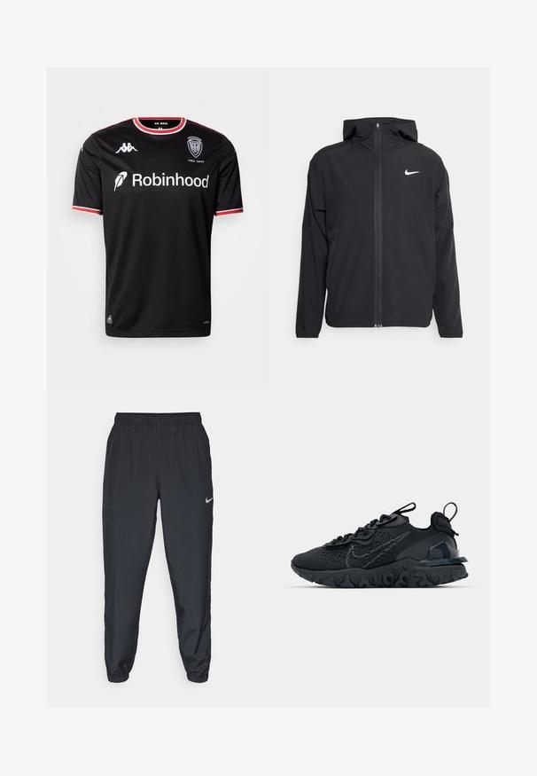 Chaqueta negra de Nike con capucha, cremallera frontal completa y un sutil logo blanco en el lado izquierdo del pecho. Textura suave y diseño ligero.; Camiseta deportiva negra de manga corta, con detalles blancos y rojos en el cuello y las mangas. Presenta un logotipo, el nombre de la marca y un texto conmemorativo.; Pantalones deportivos negros hechos de tela ligera con una cinturilla elástica, puños en los tobillos y un discreto logo de Nike en el lado izquierdo.; Zapato deportivo negro con una parte superior de malla transpirable, acentos texturizados y una suela de goma ondulada. Presenta un logotipo reflectante y un sistema de cordones.