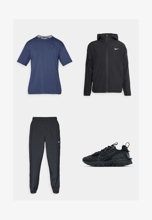 Musta Nike-takki, jossa on huppu, täysimittainen vetoketju edessä ja hienovarainen valkoinen logo vasemmassa rinnassa. Liukas pinta ja kevyt muotoilu.; Navy blue puurcotton T-paita lyhyillä hihoilla, jossa on pyöreä kaula-aukko, jossa on "Just Do It" tekstinauha ja brodeerattu logo rinnassa.; Mustat juoksuhousut, jotka on valmistettu kevyestä kankaasta, jossa on joustava vyötärö, nilkkasuut ja huomaamaton Nike-logo vasemmalla puolella.; Mustat urheilukengät, joissa on hengittävä verkkomateriaali, kuvioidut yksityiskohdat ja aallokkomuotoinen kumipohja. Varustettu heijastavalla logolla ja nauhajalustalla.