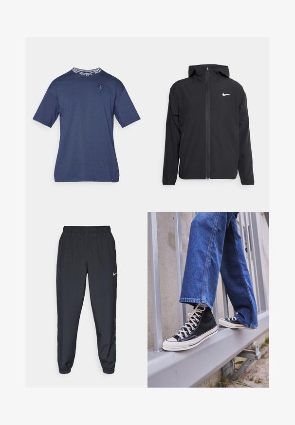Juodas Nike džemperis su gobtuvu, pilnu priekinio užtrauktuko uždarymu ir subtilia balta logo ant kairiojo krūtinės. Lygus paviršius ir lengvas dizainas.; Tamsiai mėlyna medvilninė marškinėliai su trumpomis rankovėmis, apvaliu kaklu ir juostele su užrašu "Tiesiog padaryk tai" bei išsiuvinėtu logotipu ant krūtinės.; Juodos sportinės kelnės iš lengvos medžiagos su elastinga juosta, kulkšnies rankovėmis ir diskretišku Nike logotipu kairėje pusėje.; Juodi aukšti sportiniai bateliai su baltu padu ir raišteliais, derinami su laisvai krentančiais mėlynais džinsais, atremti į pilką turėklą.