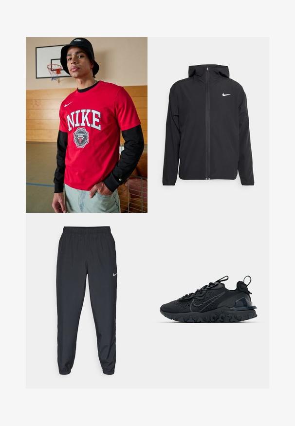 Musta Nike-takki, jossa on huppu, täysimittainen vetoketju edessä ja hienovarainen valkoinen logo vasemmassa rinnassa. Liukas pinta ja kevyt muotoilu.; Punainen lyhythihainen Nike-paita, jossa on suuri valkoinen "NIKE" -teksti, Chicago Bulls -logo ja mustat pitkät hihat. Yhdistetty vaaleansinisiin farkkuihin.; Mustat juoksuhousut, jotka on valmistettu kevyestä kankaasta, jossa on joustava vyötärö, nilkkasuut ja huomaamaton Nike-logo vasemmalla puolella.; Mustat urheilukengät, joissa on hengittävä verkkomateriaali, kuvioidut yksityiskohdat ja aallokkomuotoinen kumipohja. Varustettu heijastavalla logolla ja nauhajalustalla.