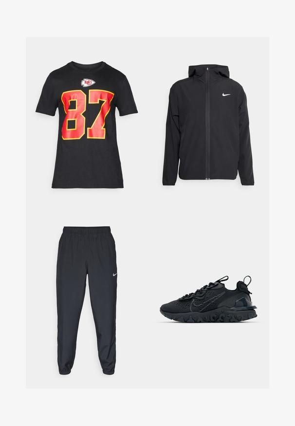Črna Nike jakna z oblogo, polnim zadrgo in diskretnim belim logotipom na levi strani prsnega koša. Gladka tekstura in lahka zasnova.; Črna majica s kratkimi rokavi z velikim rdečim in rumenim številom 87 ter logotipom Kansas City Chiefs nad številko na sprednji strani.; Črne trenirke iz lahkega materiala z elastičnim pasom, manšetami na gležnjih in diskretnim logotipom Nike na levi strani.; Črne športne čevlje z zračno mrežno zgornjim delom, strukturiranimi dodatki in valovitim gumijastim podplatom. Imajo odsevni logo in sistem vezalk.