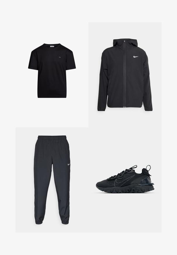Juodas Nike džemperis su gobtuvu, pilnu priekinio užtrauktuko uždarymu ir subtilia balta logo ant kairiojo krūtinės. Lygus paviršius ir lengvas dizainas.; Juodas medvilnės marškinėlis su apvalia iškirpte, trumpomis rankovėmis ir maža balta logo kairėje krūtinės pusėje. Sklandžiai tekstūruotas ir klasikinio silueto.; Juodos sportinės kelnės iš lengvos medžiagos su elastinga juosta, kulkšnies rankovėmis ir diskretišku Nike logotipu kairėje pusėje.; Juoda sportinė avalynė su kvėpuojančiu tinkliniu viršumi, tekstūruotais akcentais ir banguota guma padais. Yra atspindintis logotipas ir raištelių sistema.