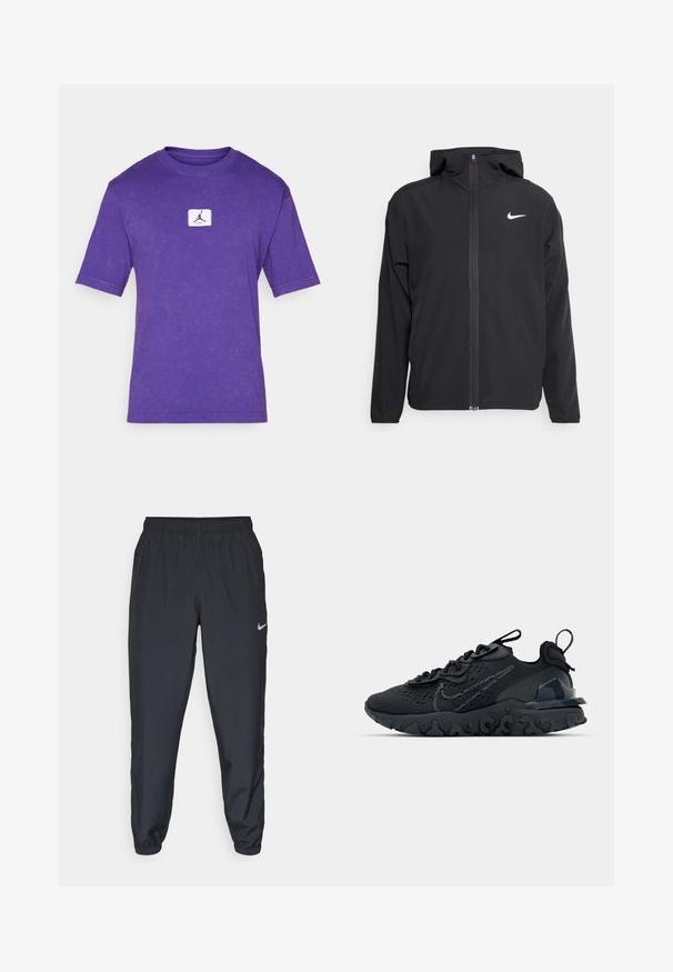 Jachetă neagră Nike cu glugă, fermoar pe toată fața și un logo alb subtil pe pieptul stâng. Textură netedă și design ușor.; Tricou din bumbac violet cu guler rotund, mâneci scurte și un finisaj texturat. Prezintă un mic logo alb pe față.; Pantaloni sport negri dintr-un material ușor, cu un band elastic la talie, mansete la glezne și un logo Nike discret pe partea stângă.; Pantofii sport negri au un superior din plasă respirabilă, accente texturate și o talpă din cauciuc ondulată. Prezintă un logo reflectorizant și un sistem de șirete.