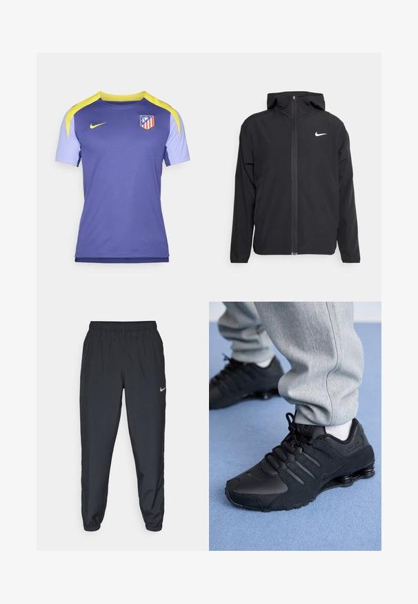 Must musta musta, täis esifrontne lukuga ja diskreetne valge logo vasakul rinnal. Sile tekstuur ja kergkaaluline disain.; Lilla ja helesinine lühikeste varrukatega särk hingavast kangast, millel on kollane aktsent õlavarre kohal ja meeskonna logo rinnal.; Kerged mustad spordipüksid, mis on valmistatud kerge kangaga, elastse vöökoha, pahkluude mansettide ja diskreetse Nike logo abil vasakul külgedel.; Isik mustade Nike Shox tossudega ja hallides dressipükstes seisab helesinise vaiba peal.