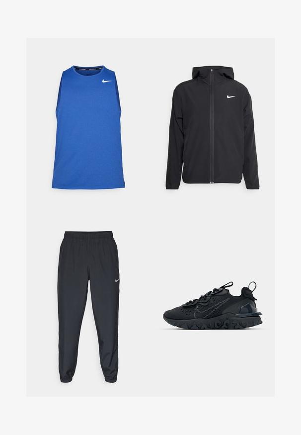 Giacca Nike nera con cappuccio, chiusura frontale con zip e un logo bianco discreto sul lato sinistro del petto. Texture liscia e design leggero.; Nike Performance MILER TANK - Top - game royal/midnight navy/reflective silver; Pantaloni da jogging neri realizzati in tessuto leggero con cintura elastica, polsini alla caviglia e un logo Nike discreto sul lato sinistro.; Scarpa sportiva nera con tomaia in mesh traspirante, dettagli testurizzati e suola in gomma ondulata. Presenta un logo riflettente e un sistema di allacciatura.