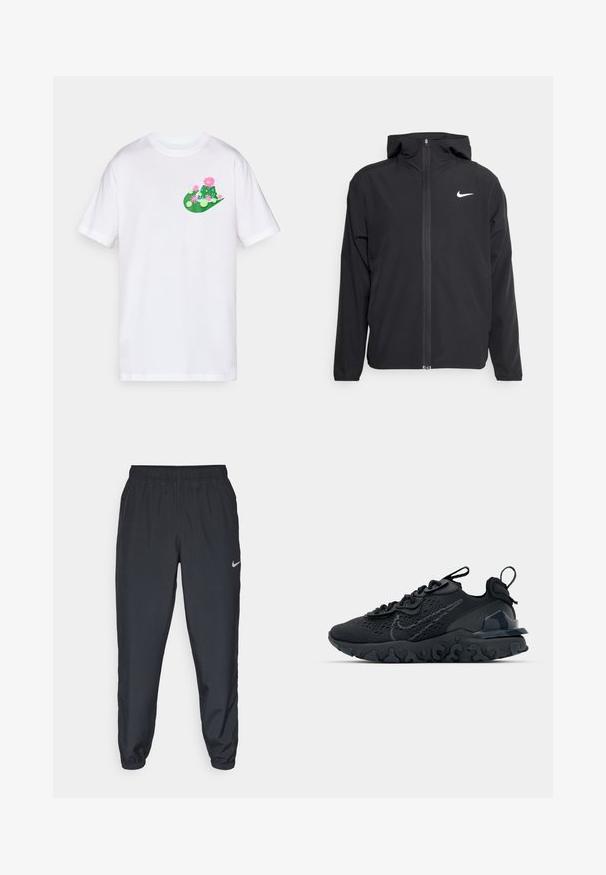 Černá bunda Nike s kapucí, plným předním zipem a decentním bílým logem na levé hrudi. Hladká textura a lehký design.; Bílý bavlněný tričko s barevným grafickým designem v zelené a růžové, zobrazující kaktusy a květiny na levé části hrudi.; Černé tepláky vyrobené z lehkého materiálu s elastickým pasem, manžetami na kotnících a diskrétním logem Nike na levé straně.; Černá sportovní bota s prodyšným síťovaným svrškem, texturovanými akcenty a vlnkovou gumovou podrážkou. Obsahuje reflexní logo a systém šněrování.