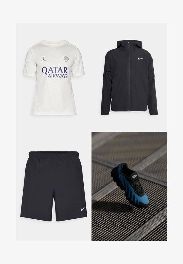 Juodas Nike džemperis su gobtuvu, pilnu priekinio užtrauktuko uždarymu ir subtilia balta logo ant kairiojo krūtinės. Lygus paviršius ir lengvas dizainas.; Balta trumpomis rankovėmis džersio maikė su lygiu paviršiumi, su mėlynu "QATAR AIRWAYS" logotipu ir Paryžiaus "Saint-Germain" emblema, subtilus prekės ženklo raštas.; Juodos sportinės šortai, pagaminti iš lengvos medžiagos, su elastingu juosmeniu. Ant apatinės kairės pusės yra mažas baltas Nike logotipas.; Juoda ir mėlyna sportinė avalynė su tekstūruota paviršiumi, išgaubtais šonais ir apvaliais pado akcentais. Yra raišteliai ir prekės ženklo etiketė ant liežuvio.