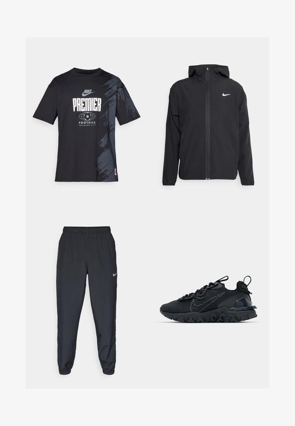 Czarna kurtka Nike z kapturem, pełnym zamkiem z przodu i subtelnym białym logo na lewej piersi. Gładka tekstura i lekka konstrukcja.; Czarny t-shirt z krótkim rękawem z szarym abstrakcyjnym wzorem po jednej stronie. Zawiera logo "Nike" oraz napis "Premier Football Training Gear" w kolorze białym.; Czarne spodnie dresowe wykonane z lekkiego materiału, z elastycznym paskiem w talii, ściągaczami na kostkach oraz dyskretnym logo Nike po lewej stronie.; Czarne sportowe buty z przewiewną siateczką na cholewce, teksturowanymi akcentami i falistą gumową podeszwą. Zawierają odblaskowe logo oraz system sznurowania.