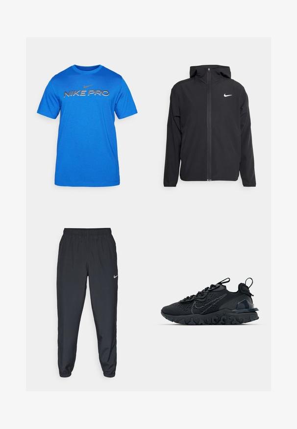 Chaqueta negra de Nike con capucha, cremallera frontal completa y un sutil logo blanco en el lado izquierdo del pecho. Textura suave y diseño ligero.; Nike Performance PRO - Camiseta deportiva - game royal; Pantalones deportivos negros hechos de tela ligera con una cinturilla elástica, puños en los tobillos y un discreto logo de Nike en el lado izquierdo.; Zapato deportivo negro con una parte superior de malla transpirable, acentos texturizados y una suela de goma ondulada. Presenta un logotipo reflectante y un sistema de cordones.