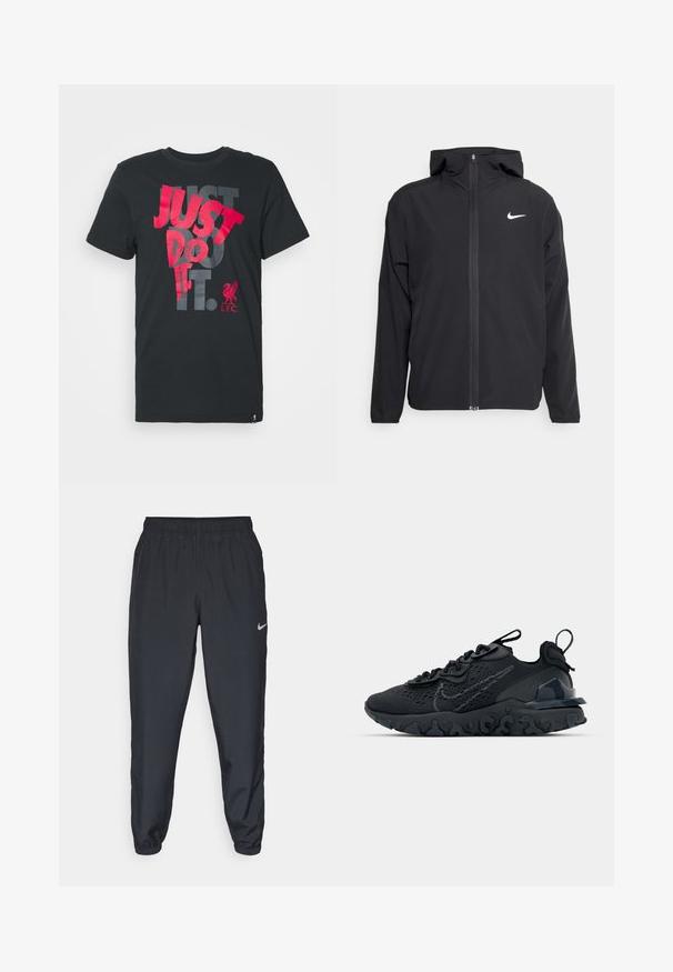 Jachetă neagră Nike cu glugă, fermoar pe toată fața și un logo alb subtil pe pieptul stâng. Textură netedă și design ușor.; Tricou din bumbac negru, cu text îndrăzneț roșu și gri: "JUST DO IT." Logo-ul L.F.C. în colțul din dreapta jos. Mâneci scurte și guler rotund.; Pantaloni sport negri dintr-un material ușor, cu un band elastic la talie, mansete la glezne și un logo Nike discret pe partea stângă.; Pantofii sport negri au un superior din plasă respirabilă, accente texturate și o talpă din cauciuc ondulată. Prezintă un logo reflectorizant și un sistem de șirete.