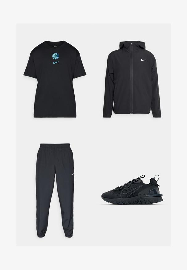 Black Nike jacket featuring a hood, full front zipper, and a subtle white logo on the left chest. Smooth texture and lightweight design.; Black cotton T-shirt featuring a turquoise graphic logo at the center and a smaller Nike logo on the left chest. Short sleeves, relaxed fit.; Black track pants made from lightweight fabric with an elastic waistband, ankle cuffs, and a discreet Nike logo on the left side.; Black athletic shoe with a breathable mesh upper, textured accents, and a wavy rubber sole. Features reflective logo and lacing system.