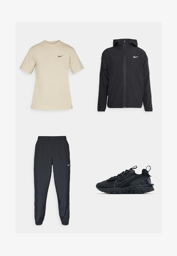 Svart Nike-jacka med huva, fullständig dragkedja fram och en subtil vit logotyp på vänster bröst. Slät textur och lättvikt design.; Beige bomullströja med korta ärmar, rund halsringning och en svart Nike-logotyp på vänster bröst, med en mjuk textur.; Svarta träningbyxor i lätt tyg med elastisk midja, vristmanchetter och en diskret Nike-logotyp på vänster sida.; Svart idrottssko med ett andningsbart meshöverdrag, texturerade accenter och en vågig gummisula. Utrustad med reflekterande logotyp och snörsystem.