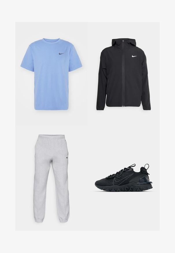 Černá bunda Nike s kapucí, plným předním zipem a decentním bílým logem na levé hrudi. Hladká textura a lehký design.; Nike Performance HYVERSE - Sportovní tričko - royal pulse/black; Lacoste Teplákové kalhoty - silver chine; Černá sportovní bota s prodyšným síťovaným svrškem, texturovanými akcenty a vlnkovou gumovou podrážkou. Obsahuje reflexní logo a systém šněrování.
