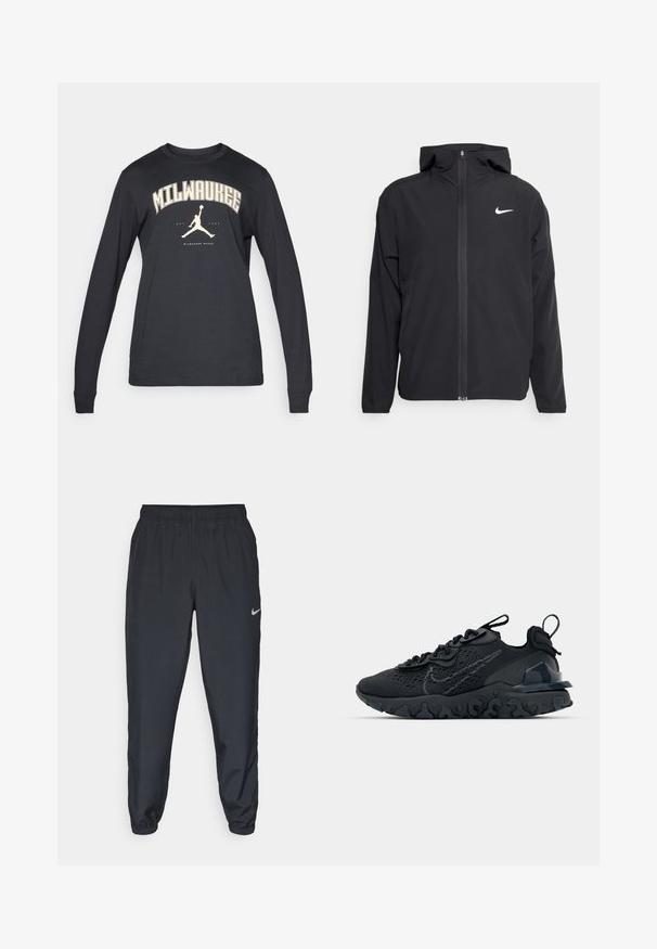 Black Nike jacket featuring a hood, full front zipper, and a subtle white logo on the left chest. Smooth texture and lightweight design.; Long-sleeve black t-shirt featuring a cream graphic reading "MILWAUKEE" and a jumpman silhouette centered below. Soft cotton material.; Black track pants made from lightweight fabric with an elastic waistband, ankle cuffs, and a discreet Nike logo on the left side.; Black athletic shoe with a breathable mesh upper, textured accents, and a wavy rubber sole. Features reflective logo and lacing system.