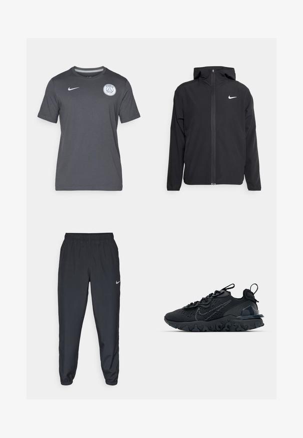 Casaco Nike preto com capuz, fecho frontal completo e um logótipo branco discreto no lado esquerdo do peito. Textura suave e design leve.; T-shirt cinza de manga curta feito de tecido macio, com um decote redondo, um símbolo Nike branco e um logotipo circular de Paris no lado esquerdo do peito.; Calças de treino pretas feitas de um tecido leve, com um cós elástico, punhos nos tornozelos e um discreto logótipo da Nike no lado esquerdo.; Sapatilha atlética preta com parte superior de malha respirável, detalhes texturizados e sola de borracha ondulada. Apresenta um logotipo reflexivo e um sistema de atilho.
