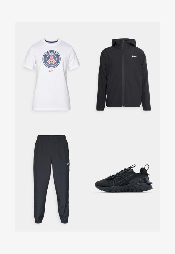 Zwarte Nike-jas met capuchon, volledige ritssluiting en een subtiele witte logo op de linkerborst. Gladde textuur en lichtgewicht ontwerp.; Witte katoenen t-shirt met een cirkelvormig Paris Saint-Germain logo in blauw, rood en geel, met een klein rood Nike swoosh. Korte mouwen.; Zwarte trainingsbroek van lichtgewicht materiaal met een elastische tailleband, enkelmanchetten en een discreet Nike-logo aan de linkerkant.; Zwarte sportieve schoen met een ademende bovenkant van mesh, gestructureerde accenten en een golvende rubberen zool. Heeft een reflecterende logo en vetersysteem.