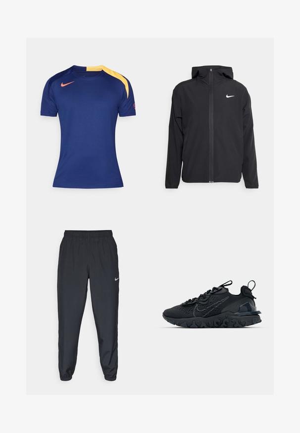 Casaco Nike preto com capuz, fecho frontal completo e um logótipo branco discreto no lado esquerdo do peito. Textura suave e design leve.; Camisa desportiva de mangas curtas em azul marinho com um painel amarelo no ombro e o swoosh vermelho da Nike no peito e na manga.; Calças de treino pretas feitas de um tecido leve, com um cós elástico, punhos nos tornozelos e um discreto logótipo da Nike no lado esquerdo.; Sapatilha atlética preta com parte superior de malha respirável, detalhes texturizados e sola de borracha ondulada. Apresenta um logotipo reflexivo e um sistema de atilho.