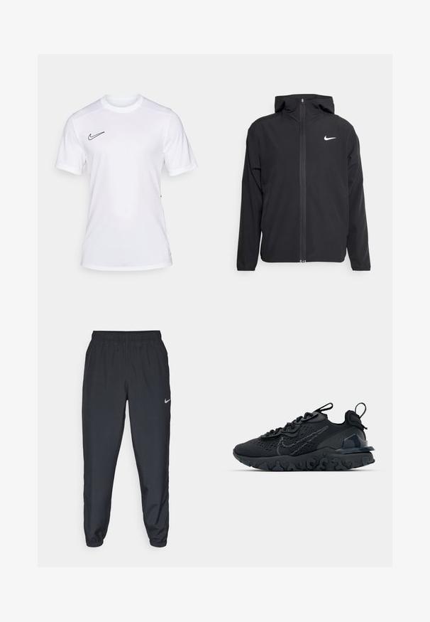 Svart Nike-jakke med hette, full frontglidelås og en subtil hvit logo på venstre bryst. Glatt tekstur og lett design.; Hvit sport T-skjorte laget av lett materiale, med rund hals, korte ermer, og en svart Nike-logo på øvre venstre side.; Svarte joggebukser laget av lett stoff med elastisk midje, ankelmanchetter og en diskret Nike-logo på venstre side.; Svart treningssko med et pustende nettobert overdel, teksturerte detaljer og en bølget gummisåle. Har reflekterende logo og snøresystem.