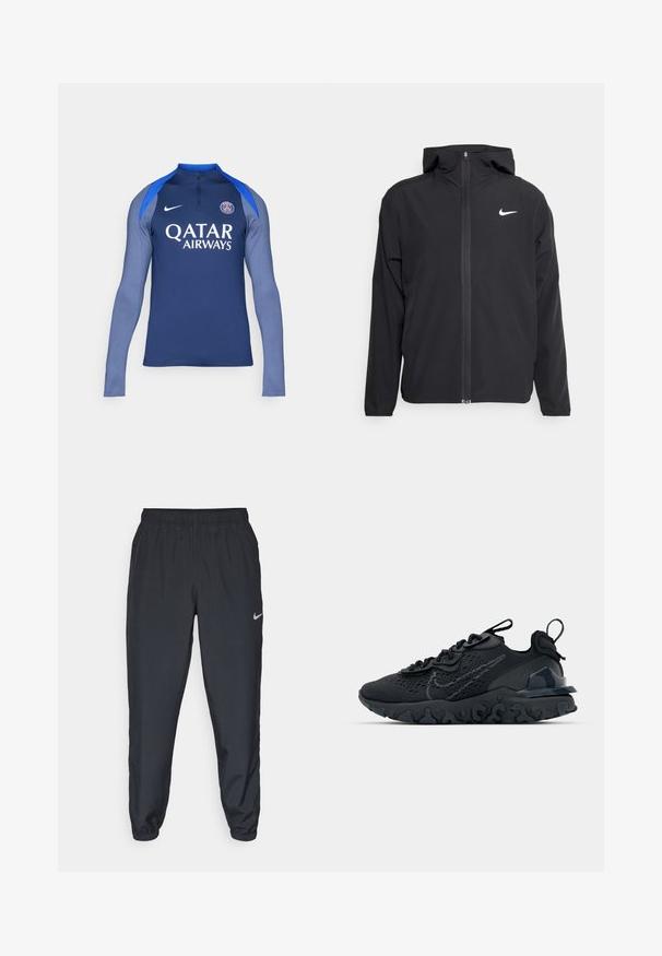 Fekete Nike dzseki kapucnival, teljes hosszúságú cipzárral és egy diszkrét fehér logóval a bal mellrészen. Sima textúra és könnyű kialakítás.; Hosszú ujjú sportpóló sötétkék és világoskék színben, szintetikus anyagból készült. Fél cipzárral és fehér "Qatar Airways" logóval rendelkezik.; Fekete sportnadrág könnyű anyagból, rugalmas derékkel és bokacsatokkal, a bal oldalon egy diszkrét Nike logóval.; Fekete sportcipő légáteresztő hálós felsőrésszel, texturált részletekkel és hullámos gumitalppal. Ráfókuszál a fényvisszaverő logóra és a fűzőrendszerre.