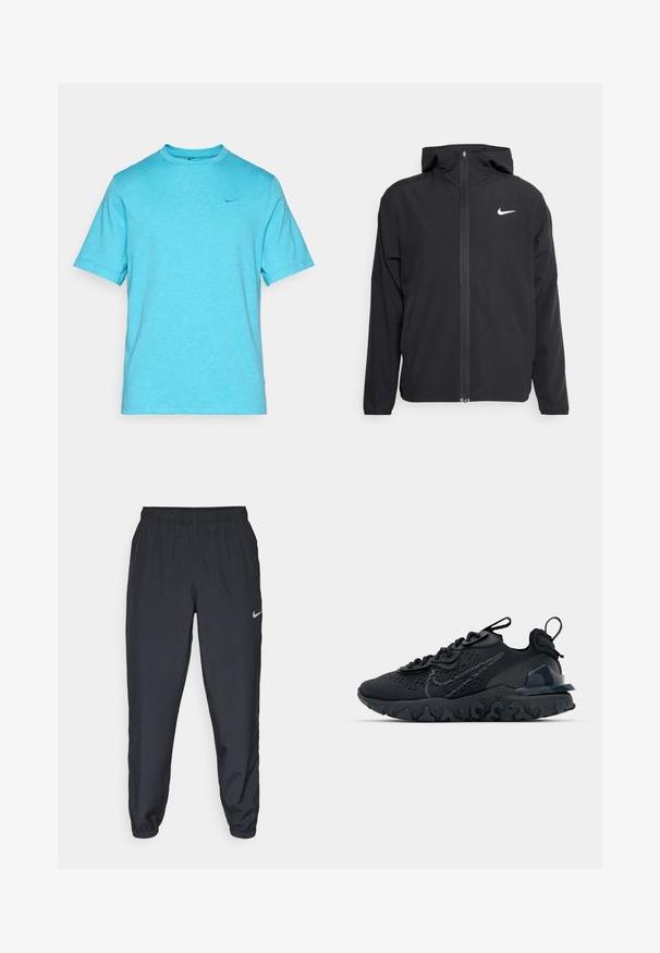 Fekete Nike dzseki kapucnival, teljes hosszúságú cipzárral és egy diszkrét fehér logóval a bal mellrészen. Sima textúra és könnyű kialakítás.; Türkiz színű, rövid ujjú póló, pamut keverék anyagból, kerek nyakkivágással és diszkrét Nike logóval a bal felső sarokban.; Fekete sportnadrág könnyű anyagból, rugalmas derékkel és bokacsatokkal, a bal oldalon egy diszkrét Nike logóval.; Fekete sportcipő légáteresztő hálós felsőrésszel, texturált részletekkel és hullámos gumitalppal. Ráfókuszál a fényvisszaverő logóra és a fűzőrendszerre.