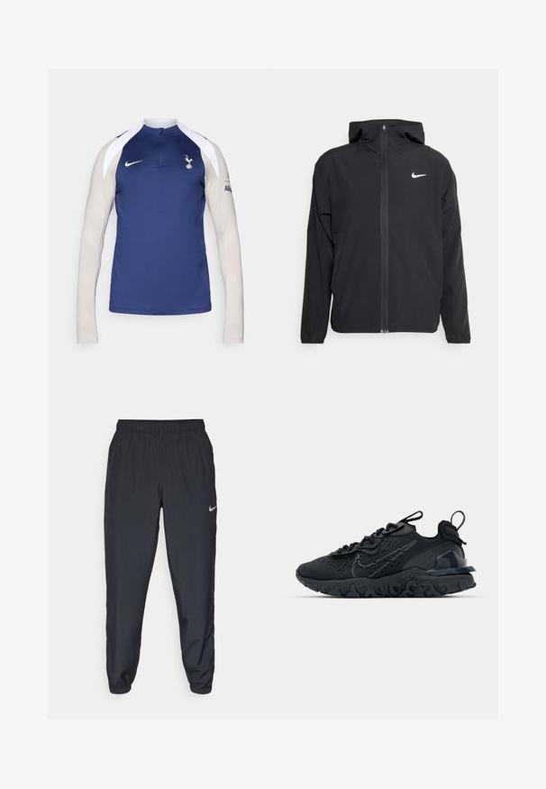Giacca Nike nera con cappuccio, chiusura frontale con zip e un logo bianco discreto sul lato sinistro del petto. Texture liscia e design leggero.; Maglietta da allenamento a maniche lunghe Nike con corpo blu navy, maniche beige chiaro, colletto con mezzo zip e logo Spurs sul petto.; Pantaloni da jogging neri realizzati in tessuto leggero con cintura elastica, polsini alla caviglia e un logo Nike discreto sul lato sinistro.; Scarpa sportiva nera con tomaia in mesh traspirante, dettagli testurizzati e suola in gomma ondulata. Presenta un logo riflettente e un sistema di allacciatura.