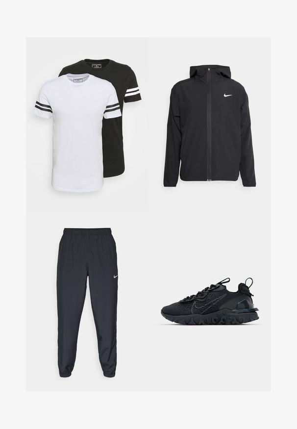 Giacca Nike nera con cappuccio, chiusura frontale con zip e un logo bianco discreto sul lato sinistro del petto. Texture liscia e design leggero.; Due magliette a manica corta con collo tondo, una bianca con strisce nere sulle maniche, l'altra nera con strisce bianche, realizzate in morbido tessuto di cotone.; Pantaloni da jogging neri realizzati in tessuto leggero con cintura elastica, polsini alla caviglia e un logo Nike discreto sul lato sinistro.; Scarpa sportiva nera con tomaia in mesh traspirante, dettagli testurizzati e suola in gomma ondulata. Presenta un logo riflettente e un sistema di allacciatura.