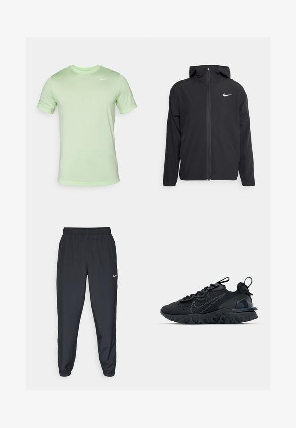 Crna Nike jakna s kapuljačom, punim prednjim patentnim zatvaračem i suptilnim bijelim logotipom na lijevoj strani prsnog koša. Glatka tekstura i lagani dizajn.; Nike Performance TEE RESET - Sportska majica - vapor green/white; Crne trenirke od laganog materijala s elastičnom trakom u struku, manžetama na gležnjevima i diskretnim Nike logom s lijeve strane.; Crne atletske cipele s prozračnom mrežastom gornjom djelom, teksturiranim detaljima i valovitom gumenom potplatom. Sadrži reflektirajući logo i sistem vezanja.