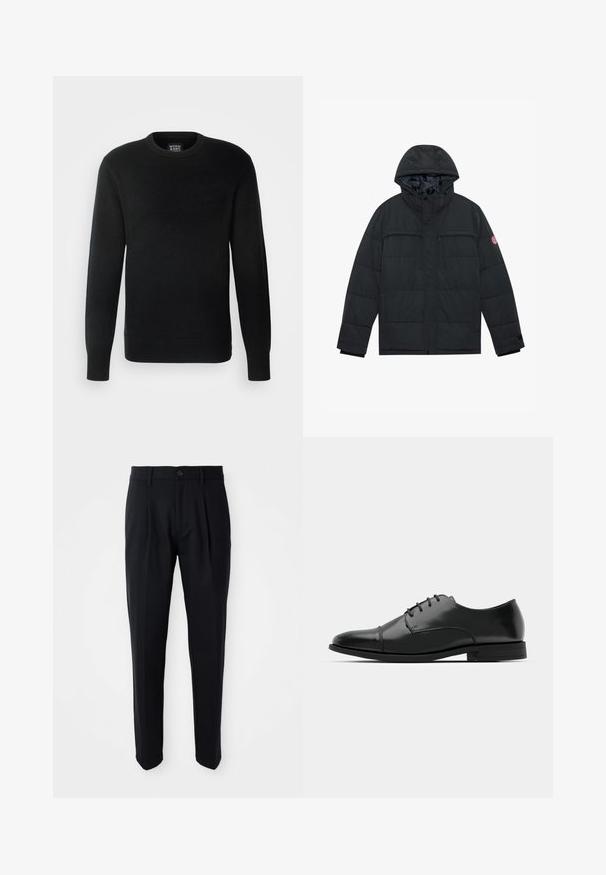 Chaqueta negra acolchada con capucha, que cuenta con dos bolsillos en el pecho con cremallera, cierre a presión y puños elásticos. Material exterior suave con acabado mate.; Jersey negro de punto con mangas largas, cuello redondo, puños y dobladillo acanalados, que presenta una pequeña etiqueta de logo en la parte inferior izquierda.; Pantalones negros ajustados con pliegues frontales, cierre de botón y pasadores para cinturón, exhibidos sobre un fondo blanco.; Zapato de vestir de cuero negro con punta redondeada, diseño con cordones, detalles de costura sutiles y un tacón bajo. Textura suave con acabado pulido.